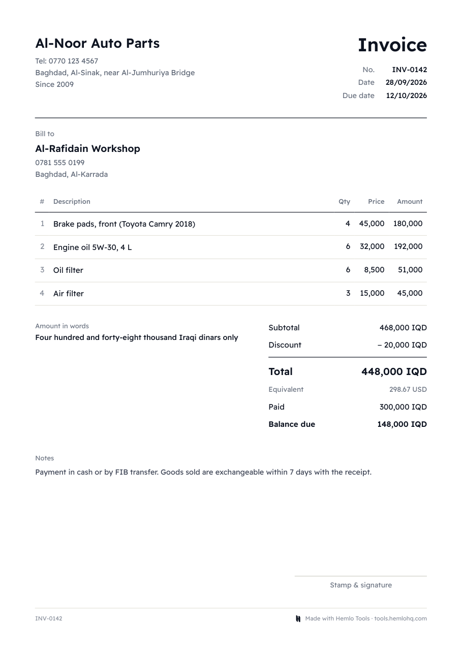 An example invoice from the invoice maker